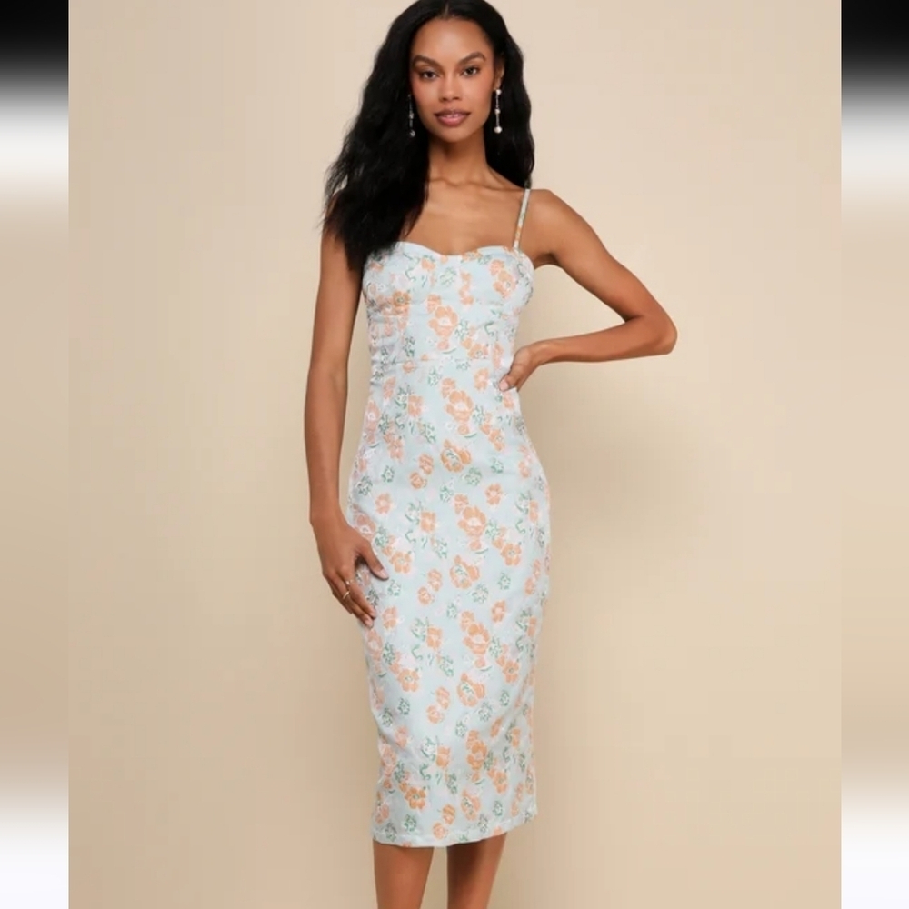 Lulu's Floral Midi Dress in Soft Blue and Peach